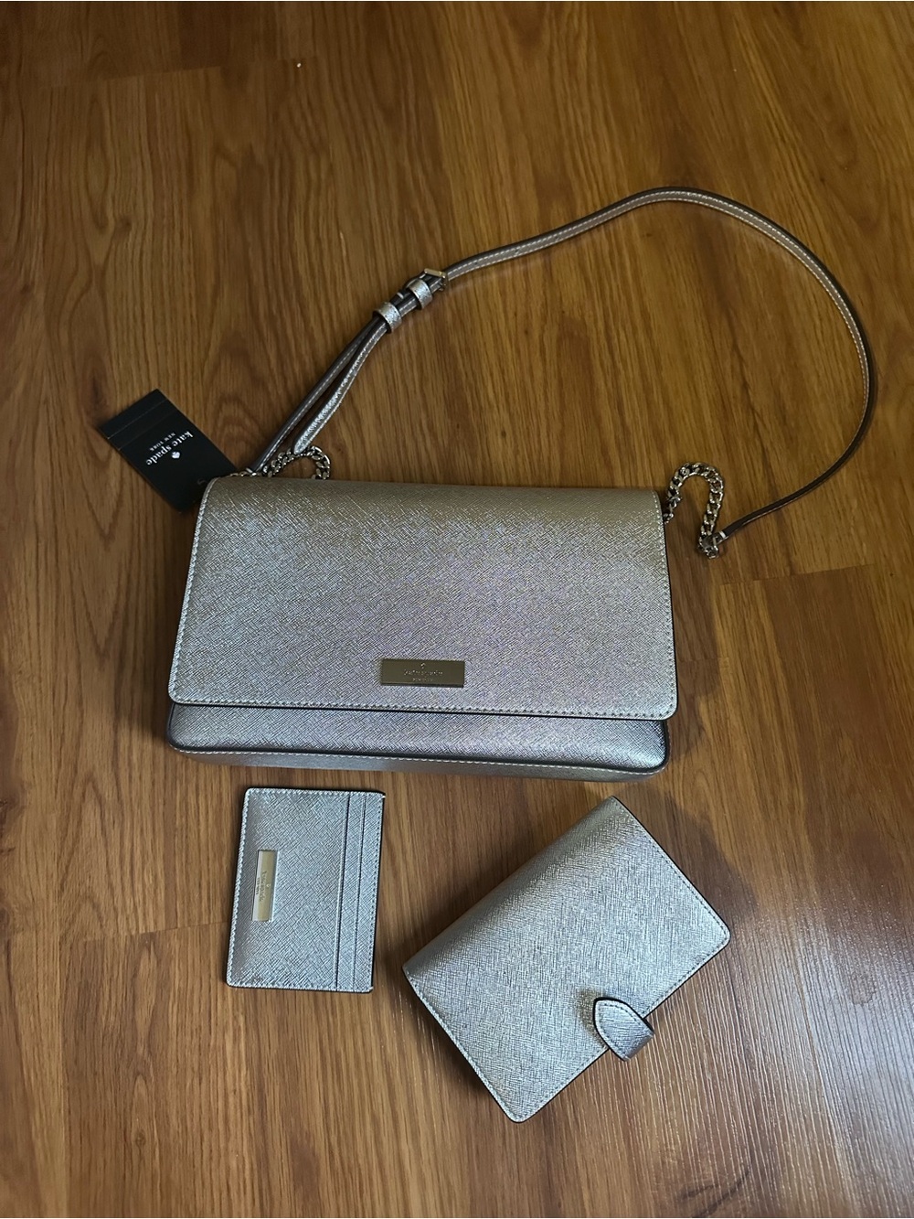 NWT Metallic Silver Crossbody Bag with Card Wallet Set